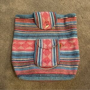 Artesanias Pinzon Mexican Blanket Backpack Woven Drawstring Unisex Boho Bag 15”